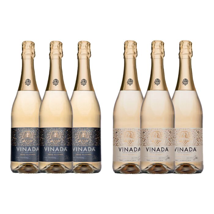 VINADA - Crispy Chardonnay and Sparkling Gold Variety Pack - Zero Alcohol Wine - 750 ml (6 Glass Bottles)
